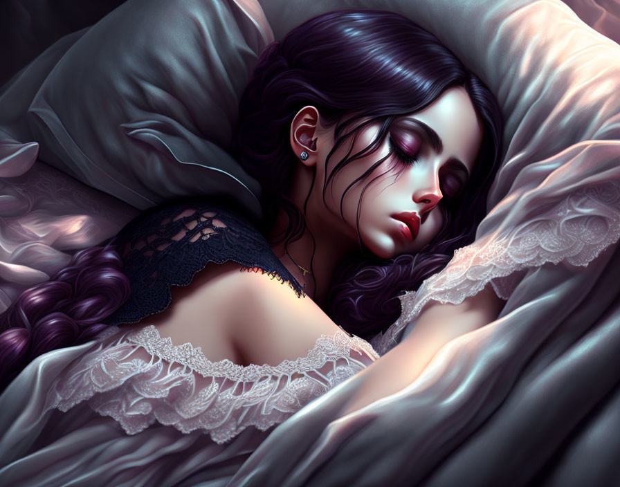 Woman with Long Dark Braided Hair Sleeping Peacefully
