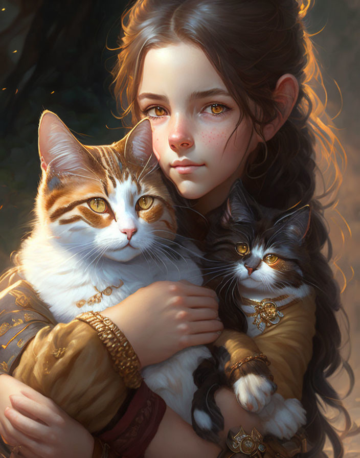 Young girl in golden dress hugs two fluffy cats, one orange and white, the other gray and white