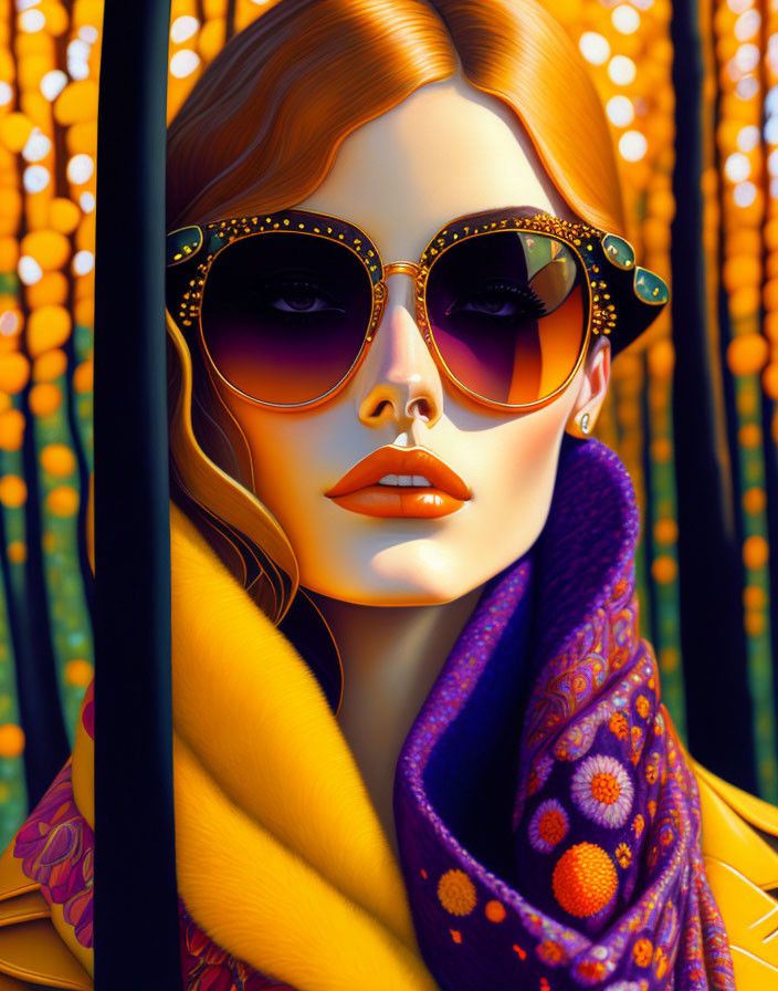Stylized illustration of woman in sunglasses with yellow coat and floral scarf
