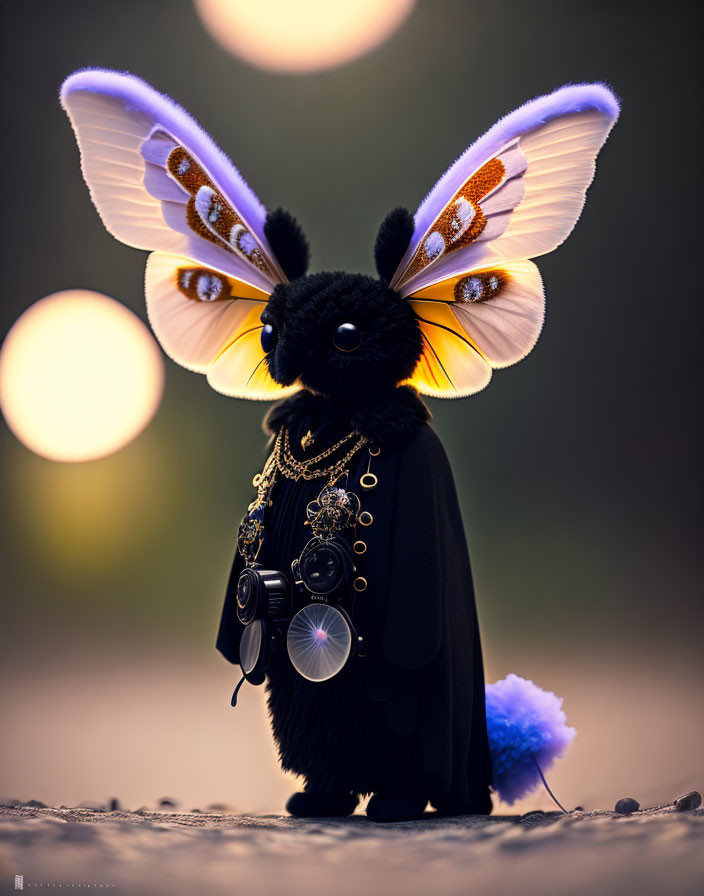 Black rabbit creature with butterfly wings and camera in magical setting