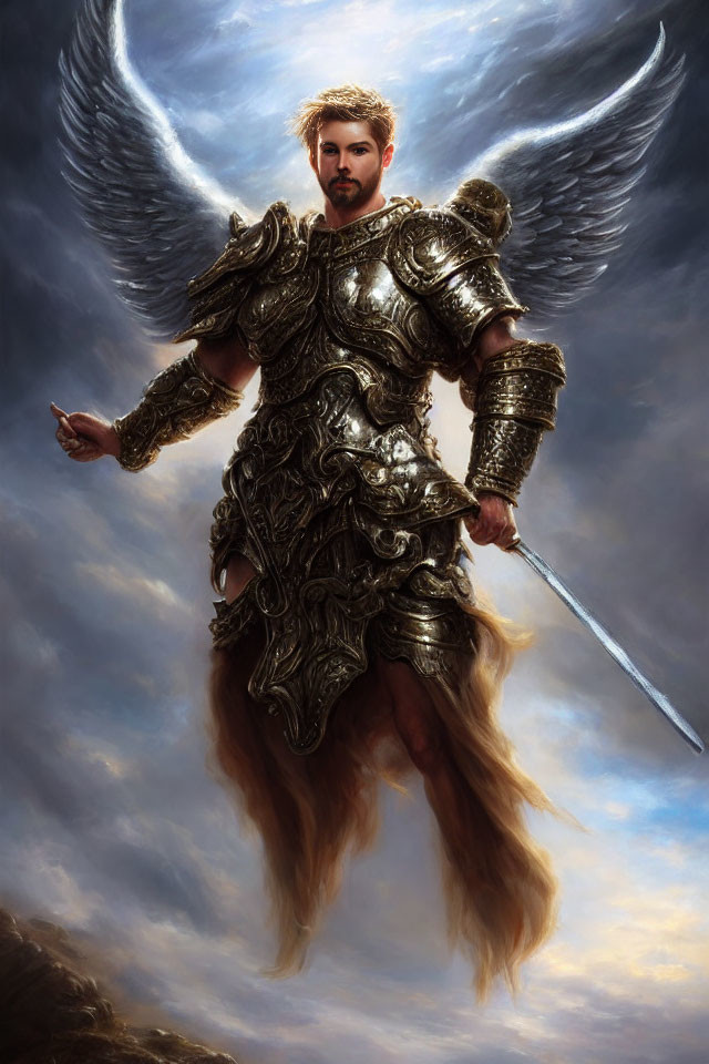 Majestic winged warrior in ornate armor with sword, against cloudy background