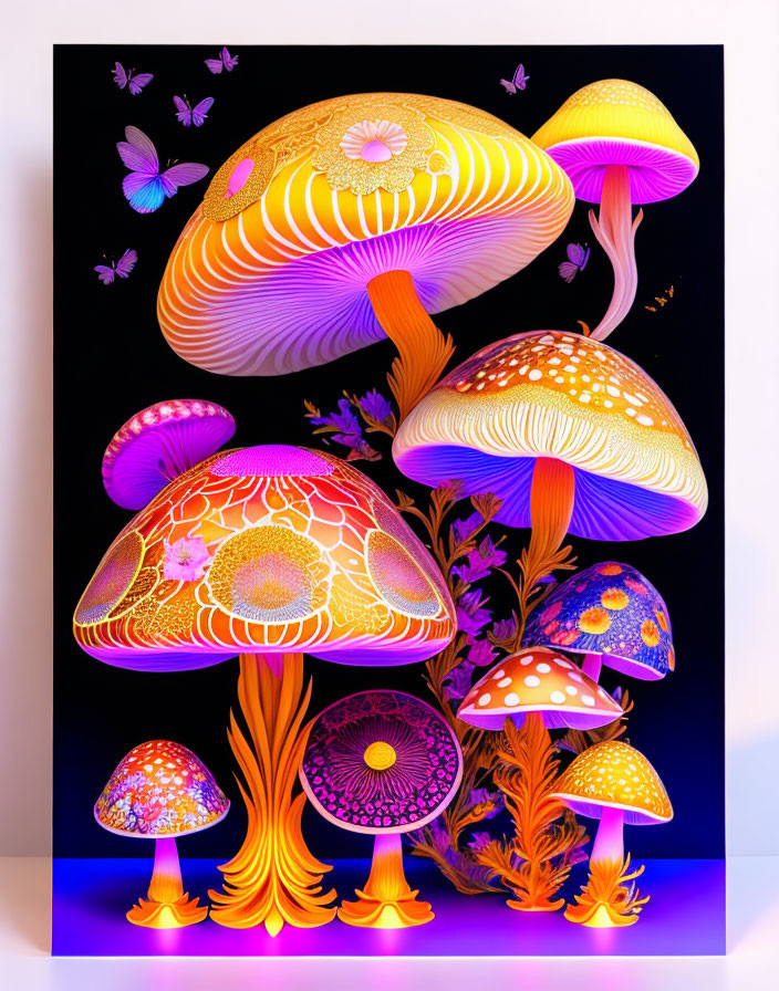 Colorful Mushroom Artwork with Plants and Butterflies on Dark Background