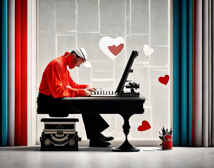 A man is sitting at his desk, he is typing a love 
