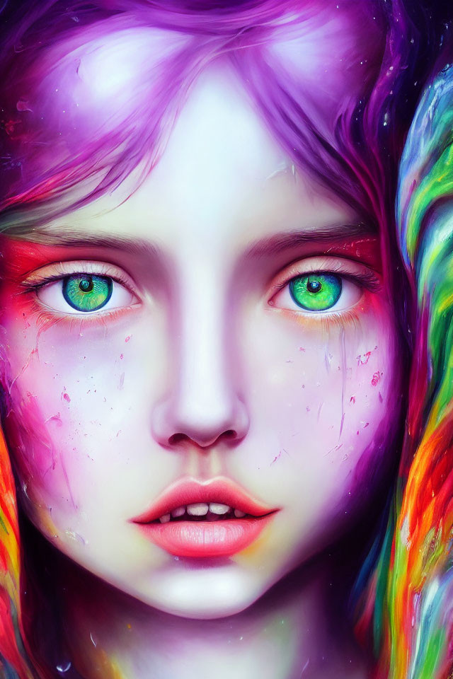 Colorful digital portrait of a person with green eyes and multicolored hair on purple background