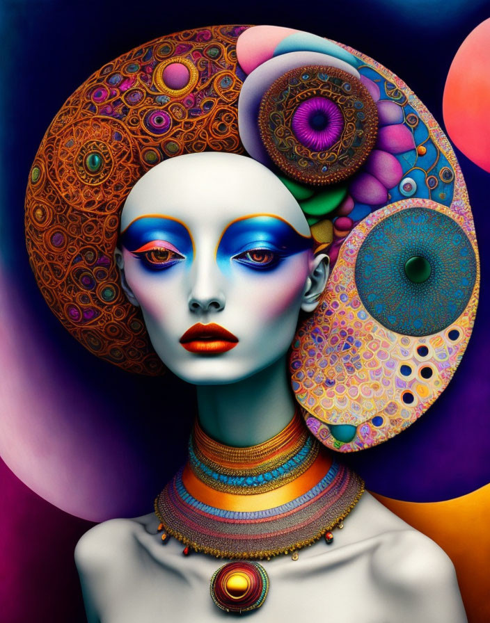Vibrant digital artwork featuring stylized woman with colorful patterns