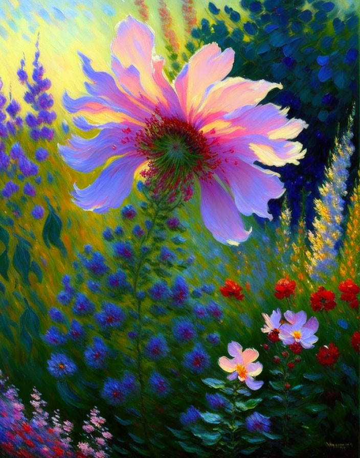 Colorful Painting of Large Pink Flower Surrounded by Lush Floral Background