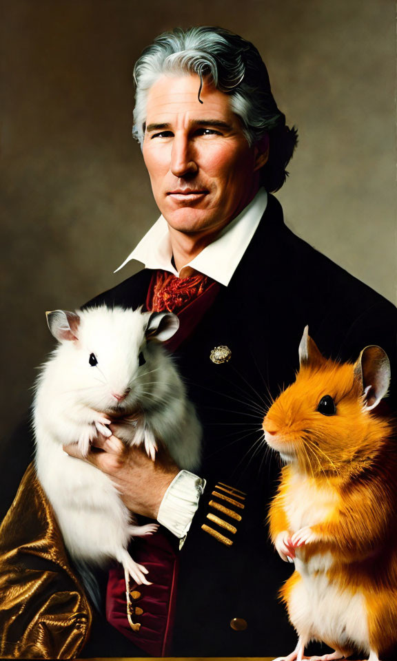 Portrait of Man with Gray Hair in Black Coat Holding White Rat Next to Hamster