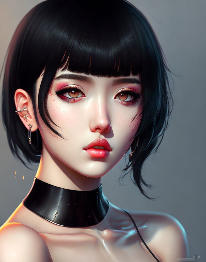 Digital artwork featuring female with short black hair, pink eyeshadow, glossy lips, and black ch