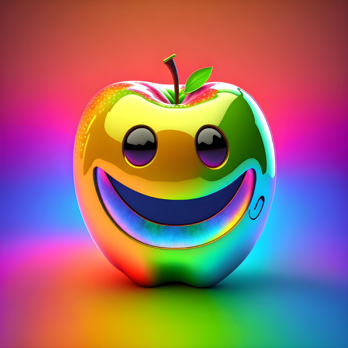 Colorful digital artwork: Cute apple with big eyes and rainbow smile