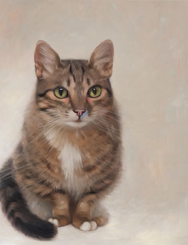 Detailed Painting of Brown Tabby Cat with Green Eyes and White Markings