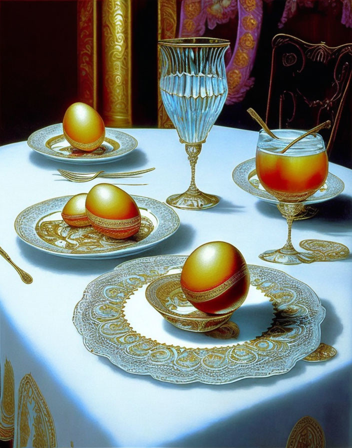 Luxurious Table Setting with Golden Eggs and Glassware on Ornate Plates