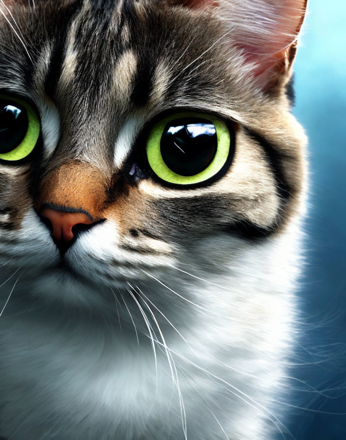 Striking green-eyed cat with fluffy fur and tabby markings on blue background