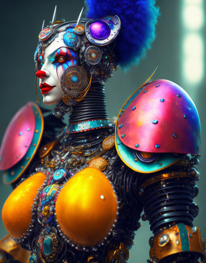Colorful humanoid robot portrait with intricate mechanical details