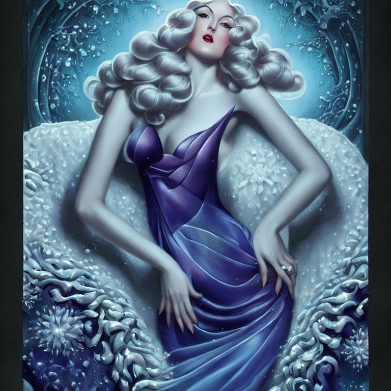 Illustrated Woman with Silver Hair and Purple Dress Amid Blue and White Waves