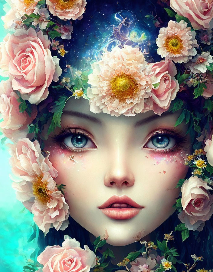Digital artwork featuring female face with cosmic hair and pink rose wreath