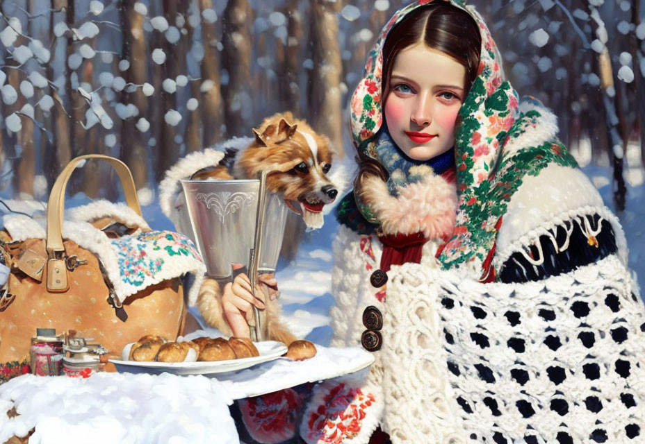 Woman with colorful headscarf and dog at snow-covered table in winter forest.