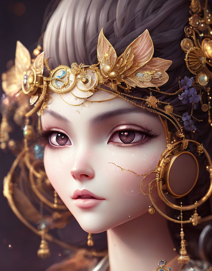 Digital Artwork: Woman with Striking Purple Eyes and Golden Headdress