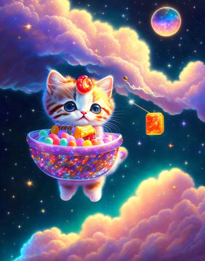 Colorful kitten illustration in bubble-filled bowl with donut, clouds, stars & planet