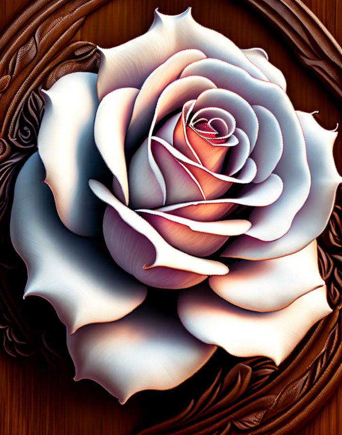 Stylized pink and white rose illustration on dark wooden frame