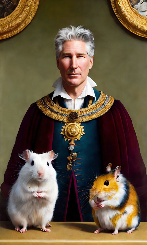 Digitally Altered Portrait of Man with White Hair and Hamsters