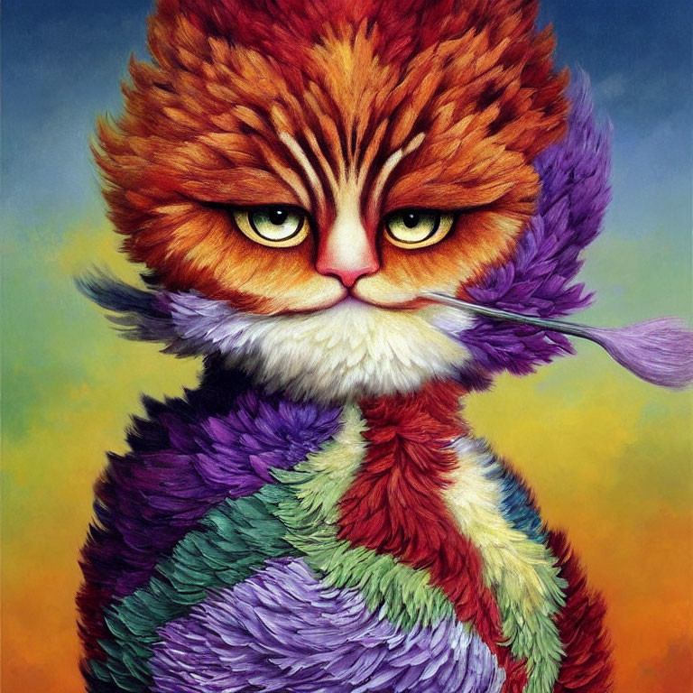 Colorful Whimsical Cat Painting with Multicolored Fur