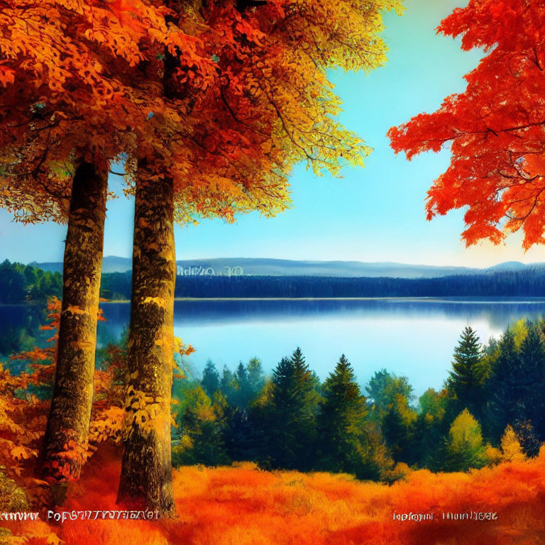 Scenic view of red and orange autumn foliage by calm lake