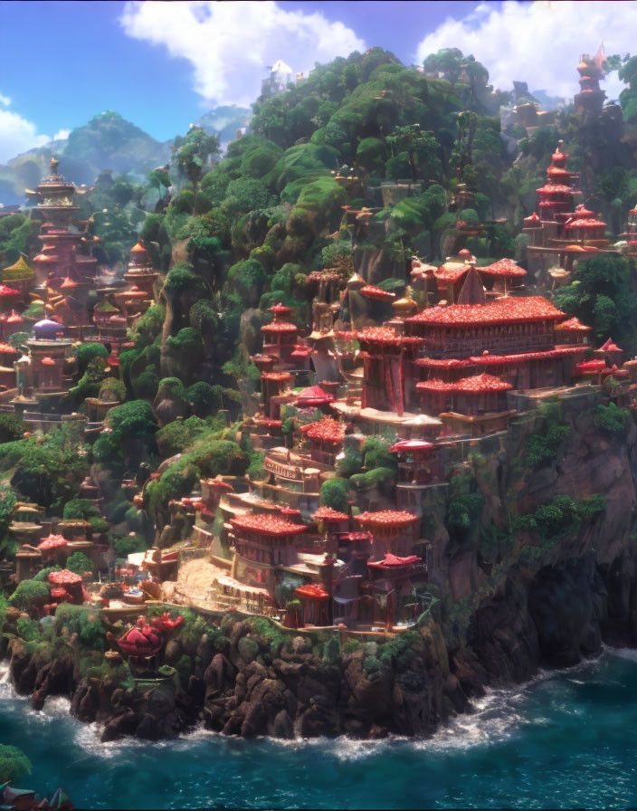 Tiered pagoda-style buildings on lush coastal cliffs above calm blue waters