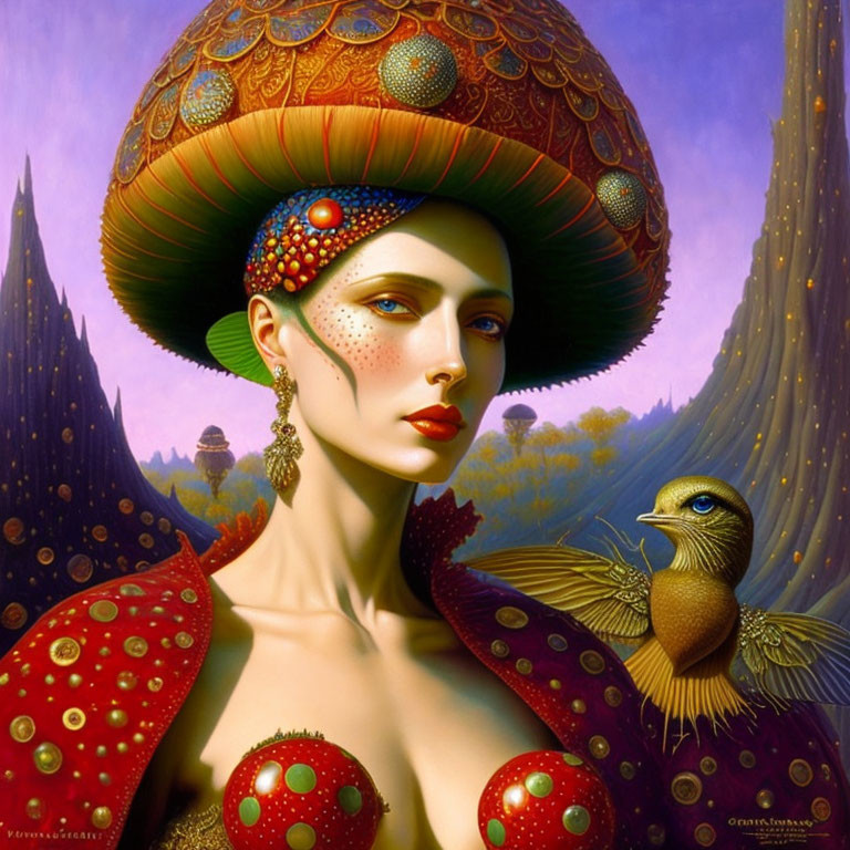 Surreal portrait of woman with mushroom cap hat and bird on shoulder