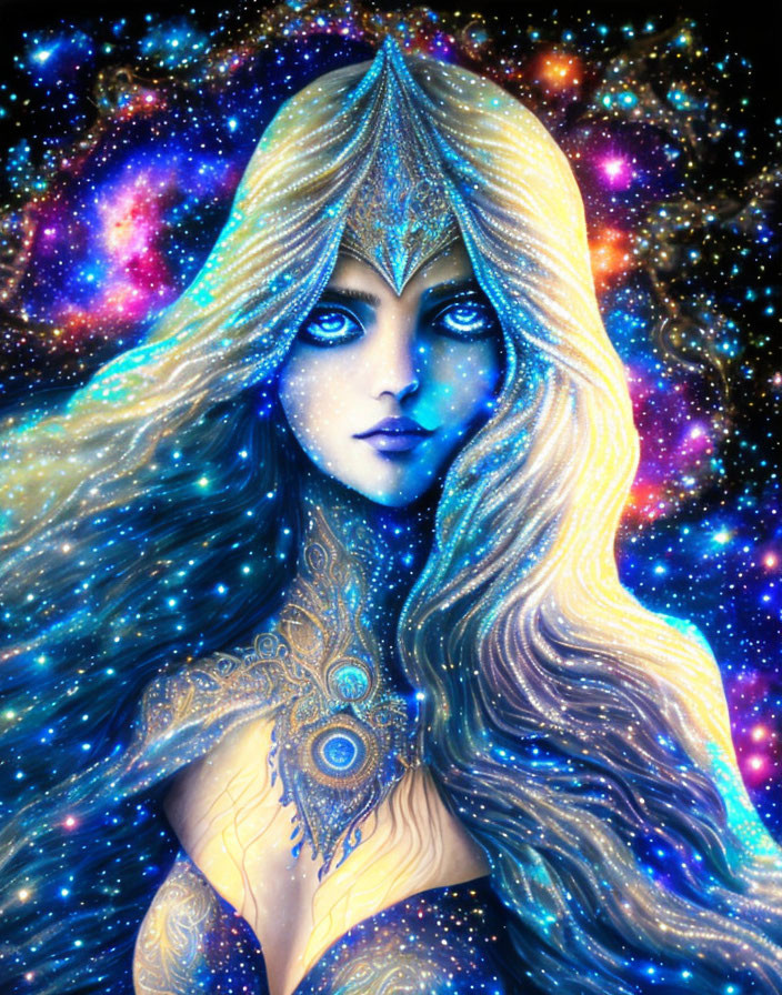 Vibrant blue female figure with cosmic motifs on starry space background