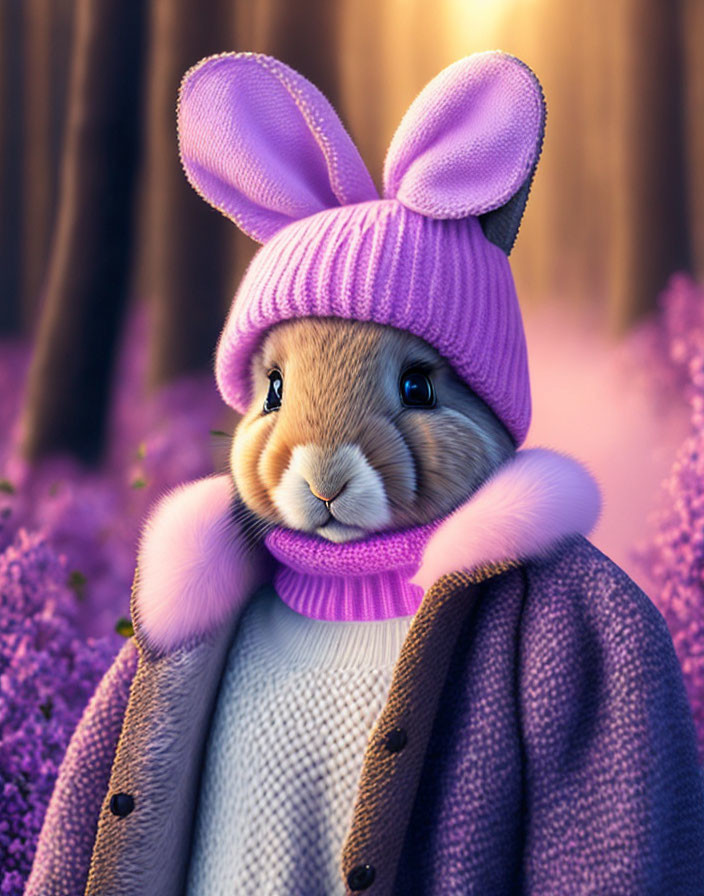 Anthropomorphic rabbit in purple hat and coat in magical forest