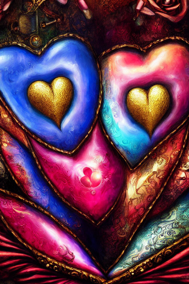 Colorful Artwork: Intertwining Hearts with Golden Inlays