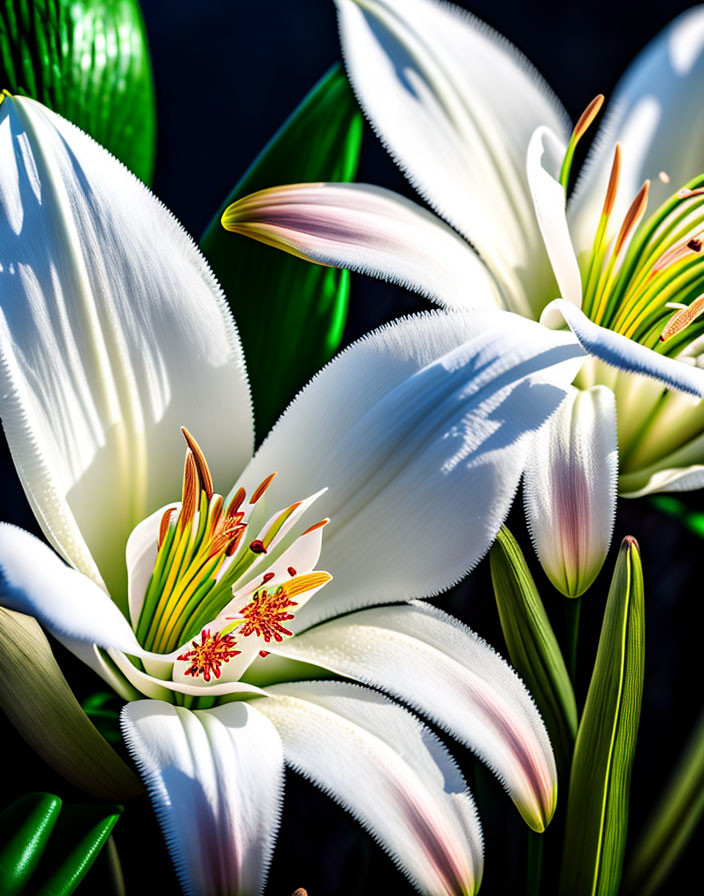 White lilies with yellow pistils and green leaves in sunlight.