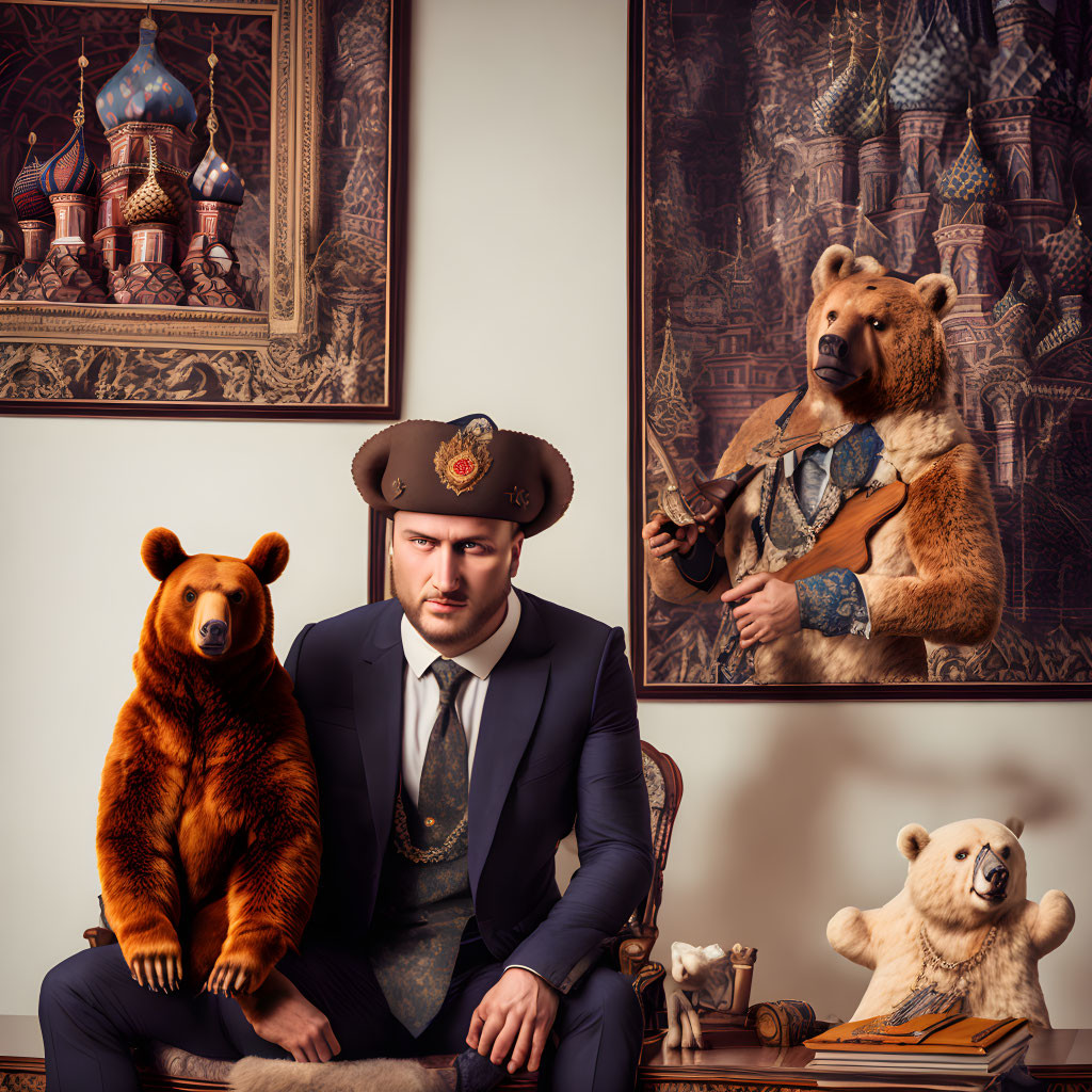 Man in traditional hat with bear, surrounded by bear paintings