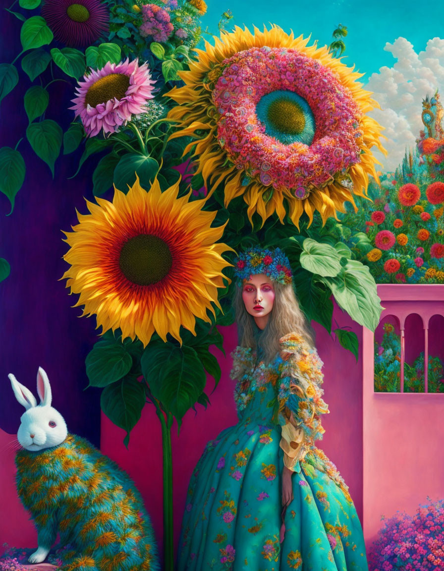 Woman in floral dress with sunflowers and rabbit in vibrant setting
