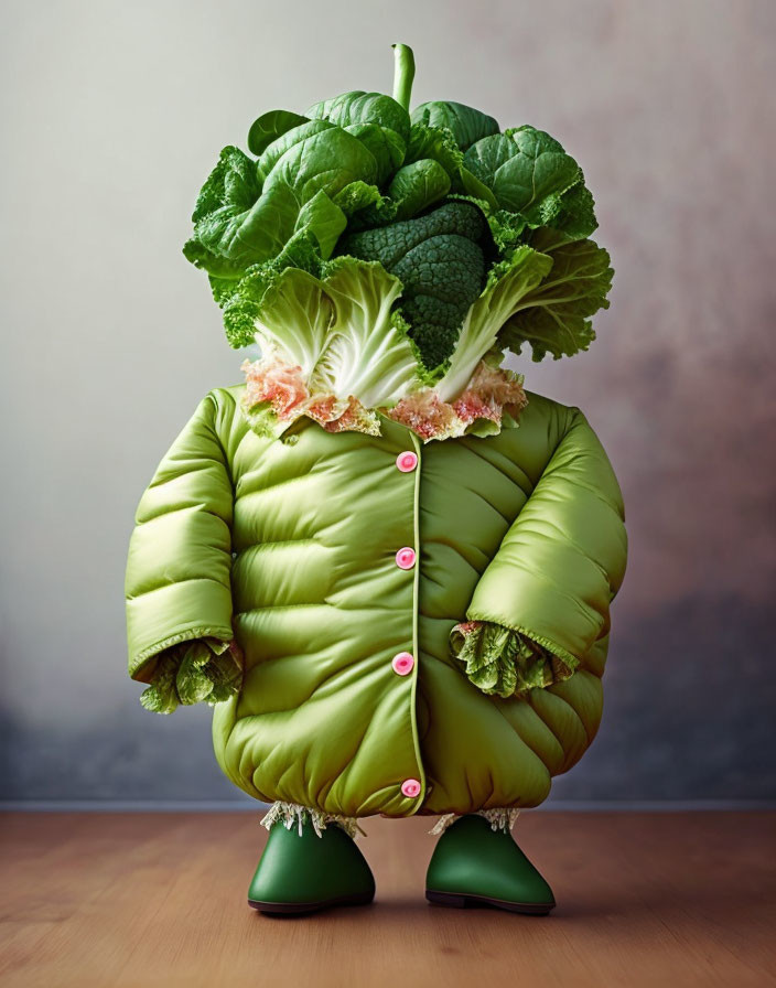 Whimsical figure in green puffy jacket with vegetable features