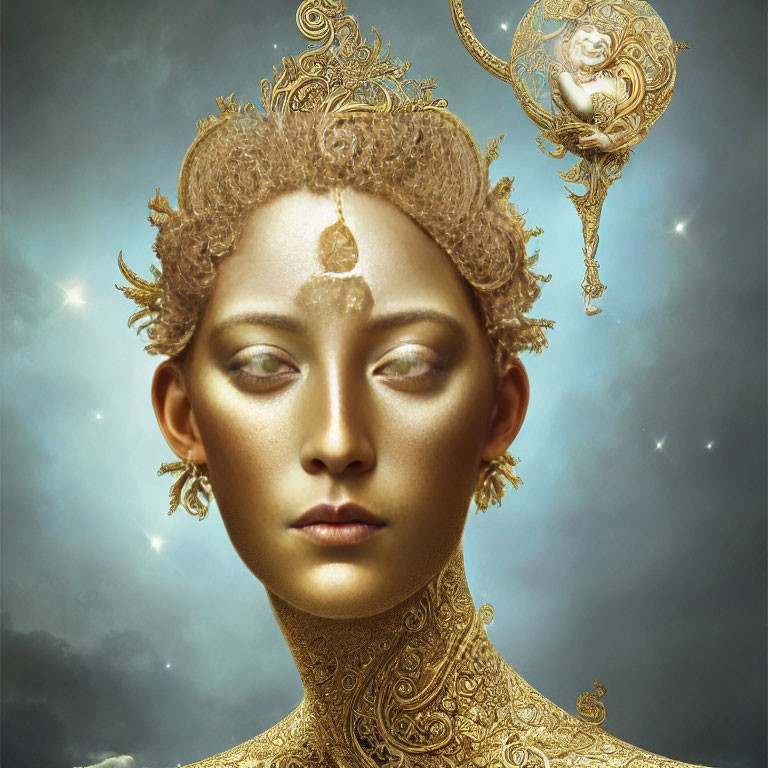 Digital art portrait of woman with golden headpiece and jewelry in mystical sky.