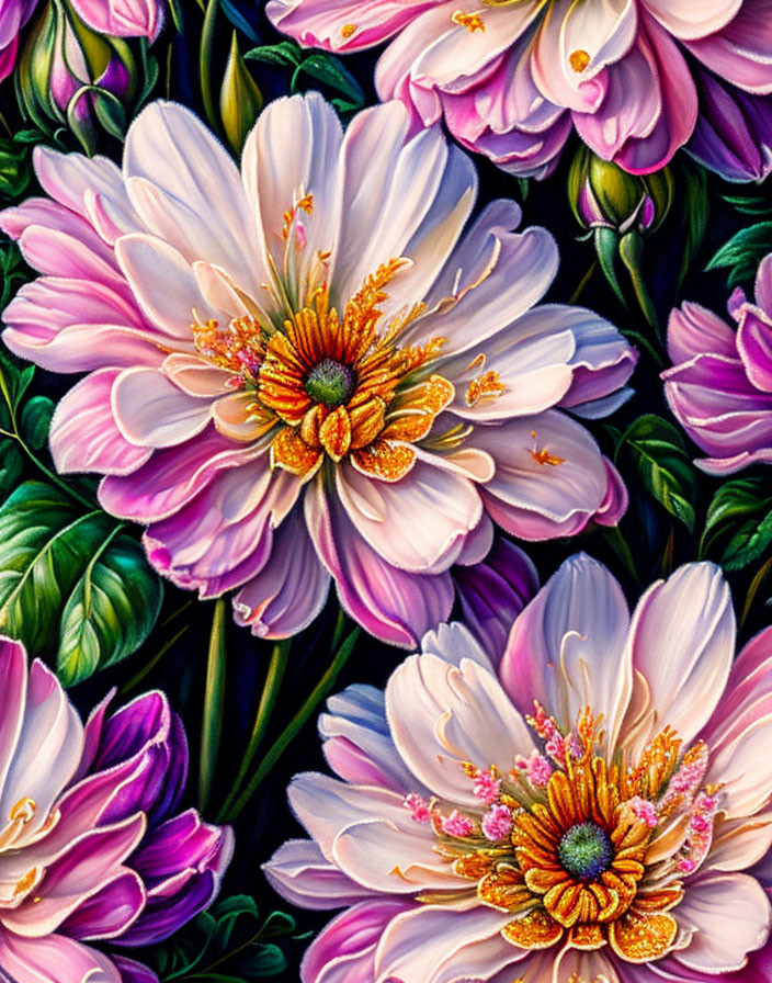 Detailed Illustration of Vibrant Pink and White Flowers
