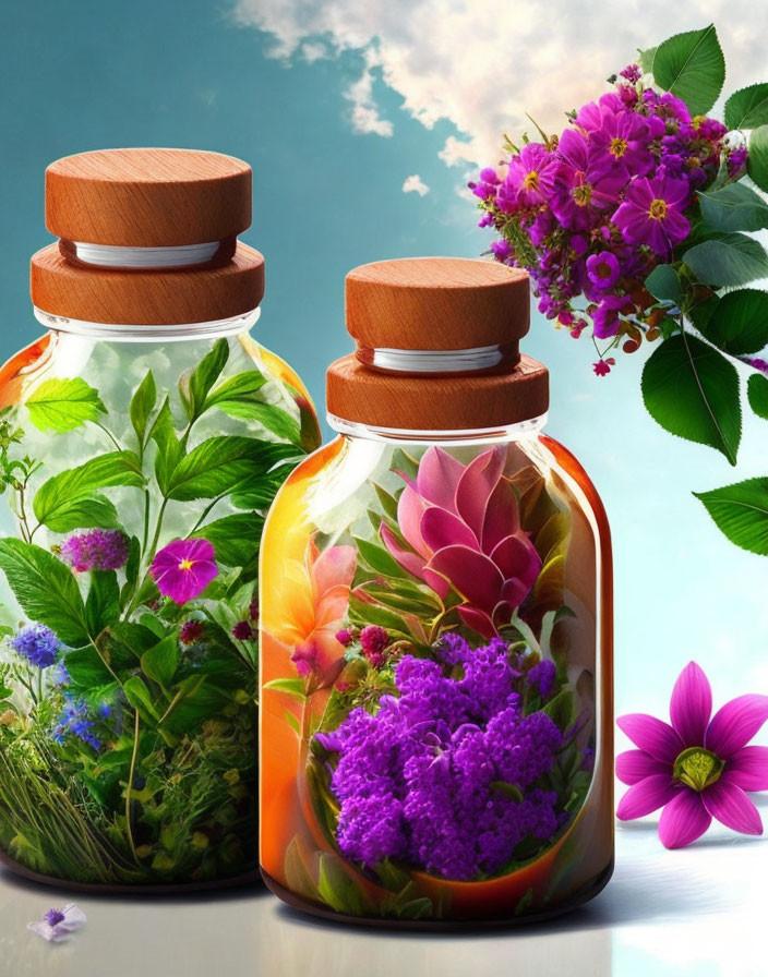 Glass jars with wooden lids, vibrant green leaves, colorful flowers, against a clear blue sky.