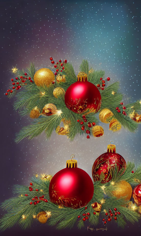 Christmas-themed illustration with red baubles, golden ornaments, and pine branches on a starry night