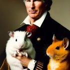 Portrait of Man with Gray Hair in Black Coat Holding White Rat Next to Hamster