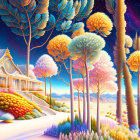Colorful digital artwork of whimsical forest with luminous trees in dreamlike landscape