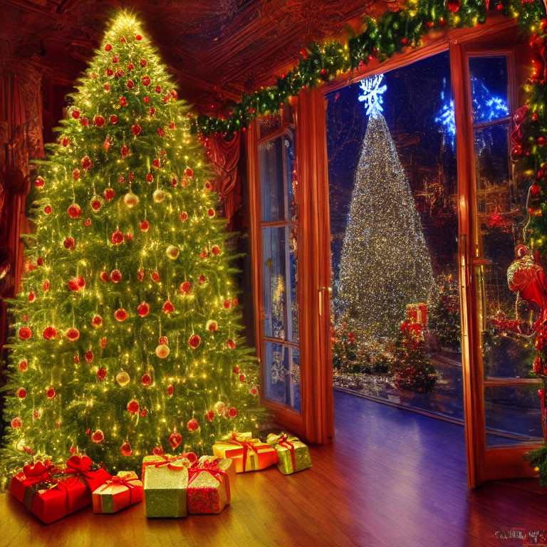 Cozy festive room with lit Christmas tree & snowy view