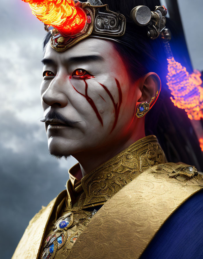 Digital artwork of male figure in East Asian attire with fiery crown and intense gaze under stormy sky