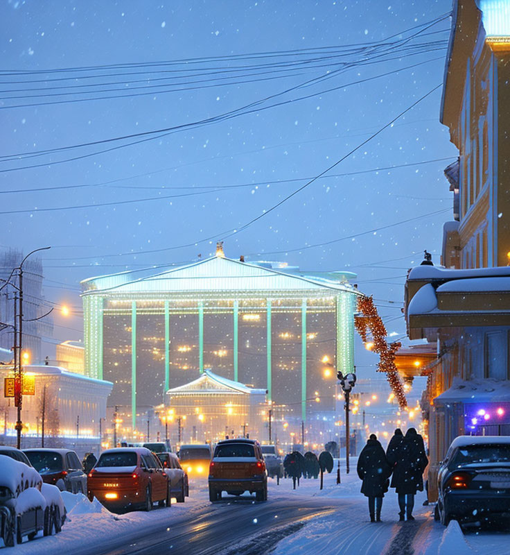 Snowy City Evening Scene with Pedestrians, Cars, and Illuminated Buildings