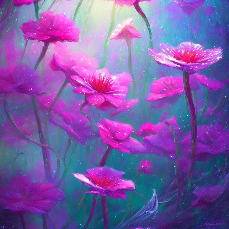 Vibrant digital painting of purple-pink flowers on soft green and blue background