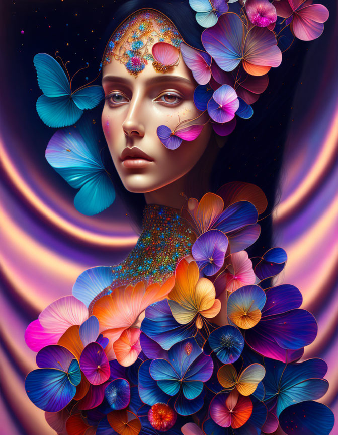 Vibrant flower and butterfly surreal portrait with colorful swirl background