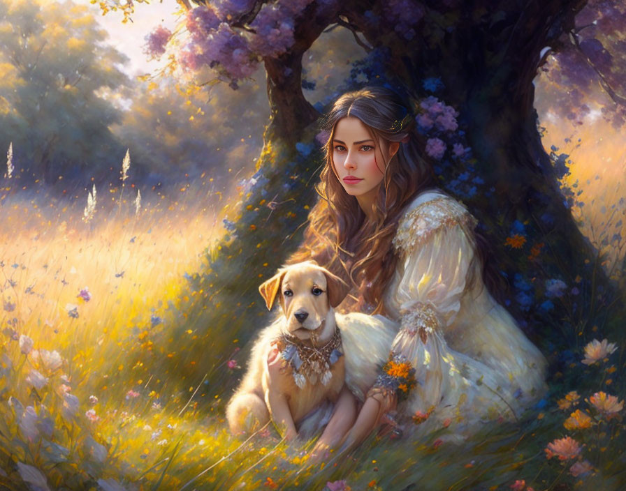 Woman in Pastel Dress with Dog in Flower Garden Under Tree