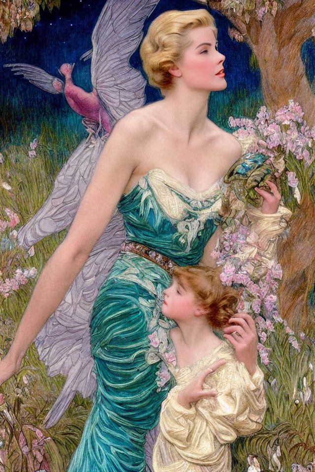 Vintage illustration of two ethereal women with angelic wings among blooming flowers.