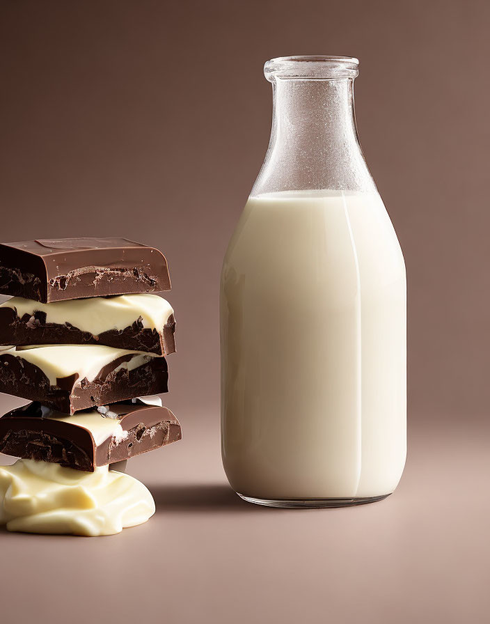 Milk Bottle with Chocolate Bars on Beige Background