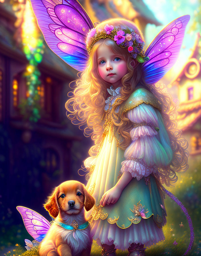 Fantasy digital artwork: Young girl with fairy wings, puppy, flowers, enchanted cottage.